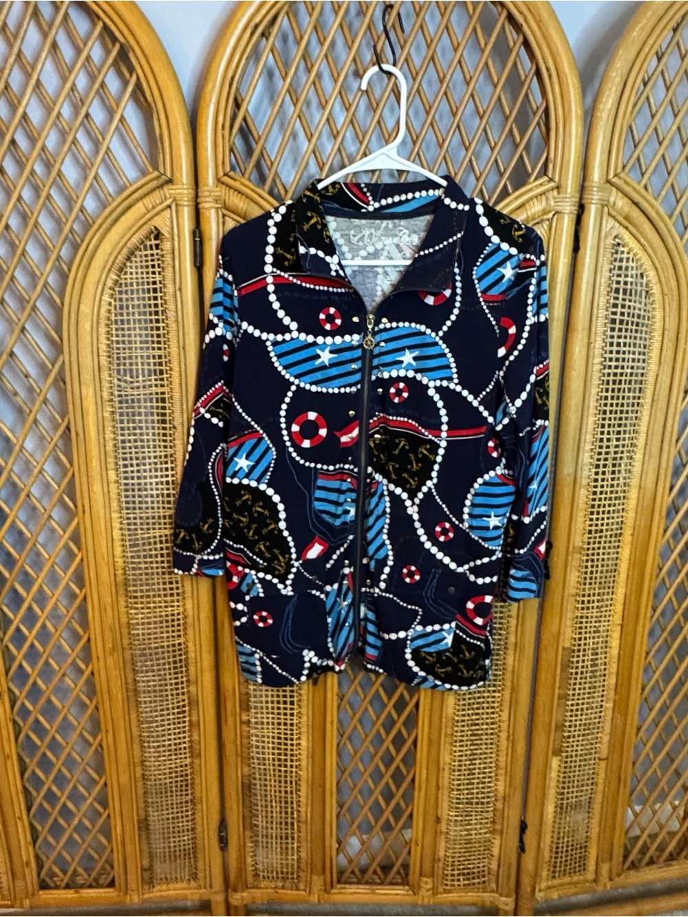 Onque Casuals Navy Blue Black Red Patterned Zip-Front Blazer